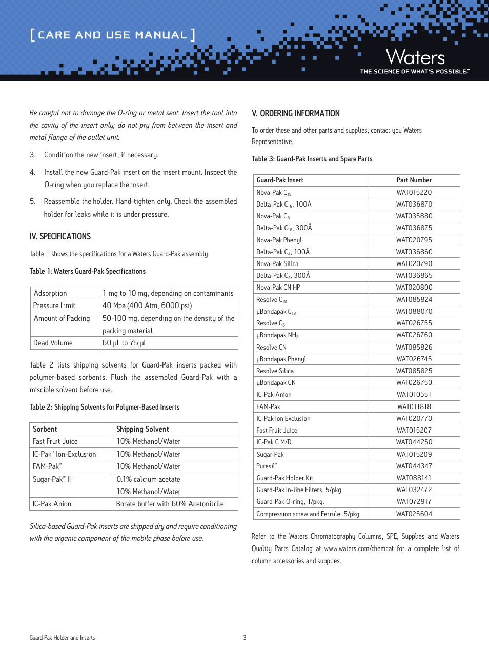 Care and use manual, Iv. specifications, V. ordering information | Waters Guard-Pak Holder and Inserts User Manual | Page 3 / 4