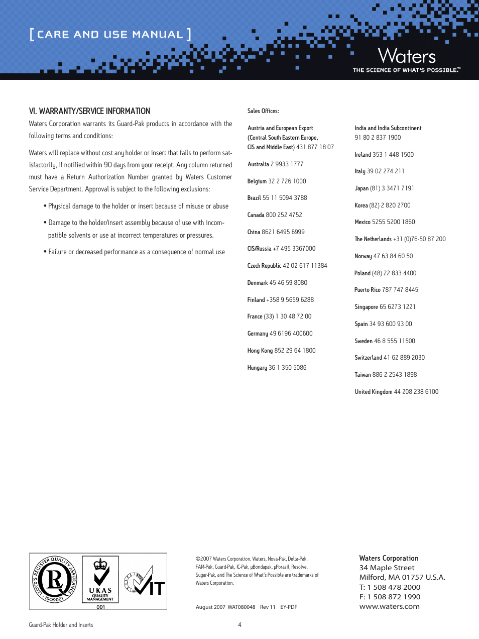Care and use manual, Vi. warranty/service information | Waters Guard-Pak Holder and Inserts User Manual | Page 4 / 4