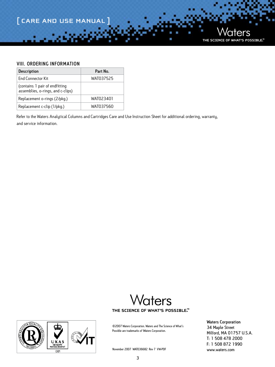 Care and use manual | Waters End Connector Kit User Manual | Page 3 / 3