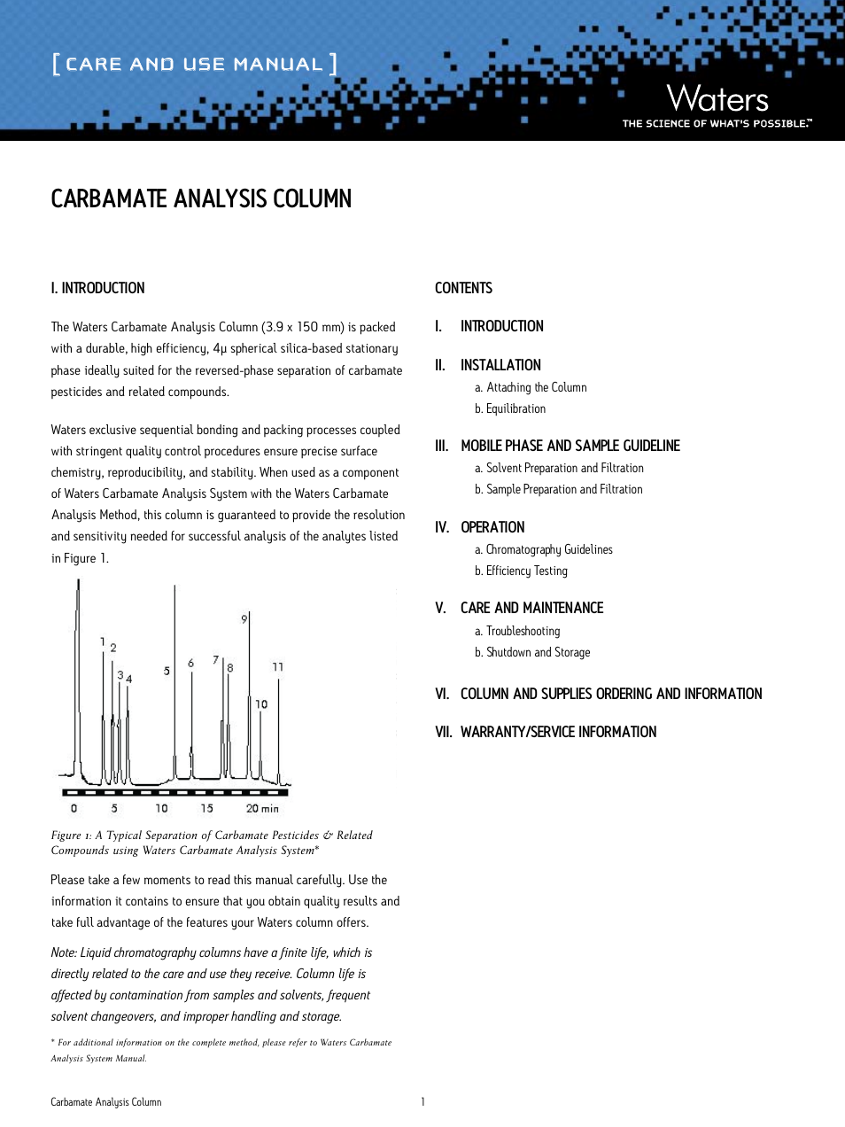 Waters Carbamate Analysis Column User Manual | 6 pages