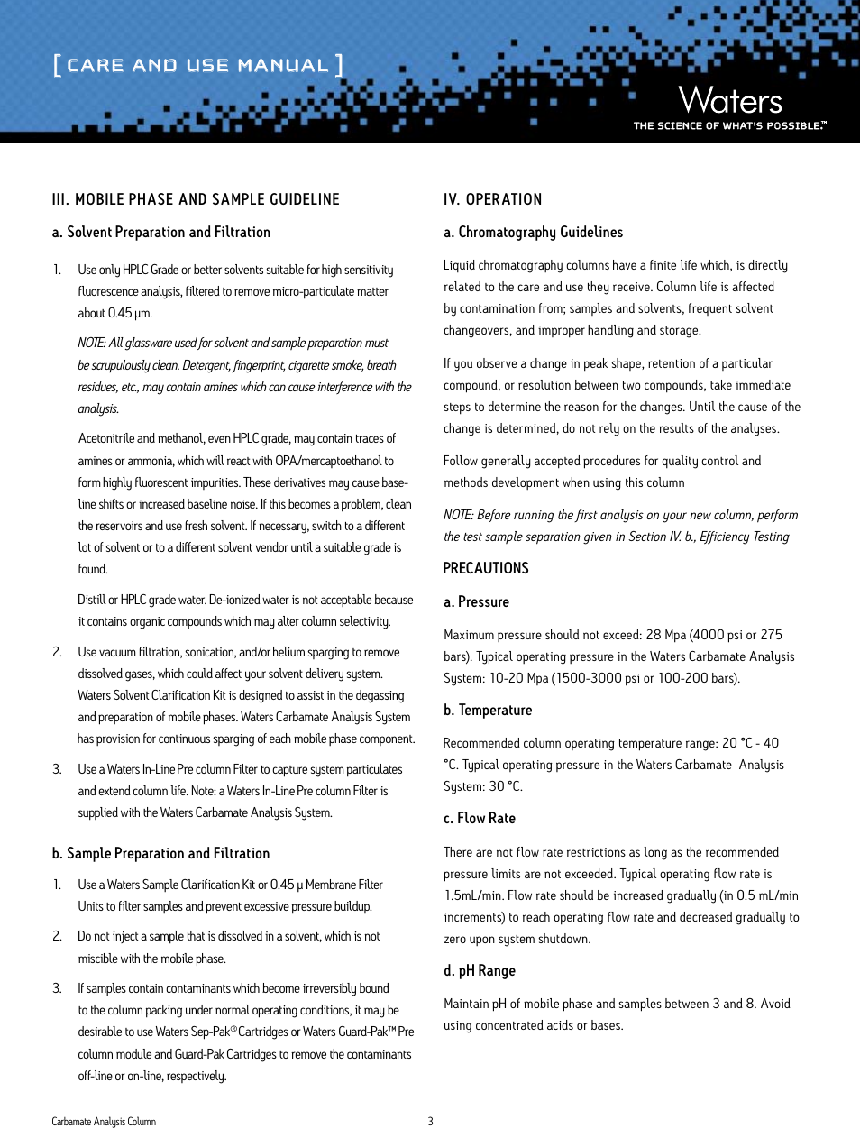 Care and use manual | Waters Carbamate Analysis Column User Manual | Page 3 / 6