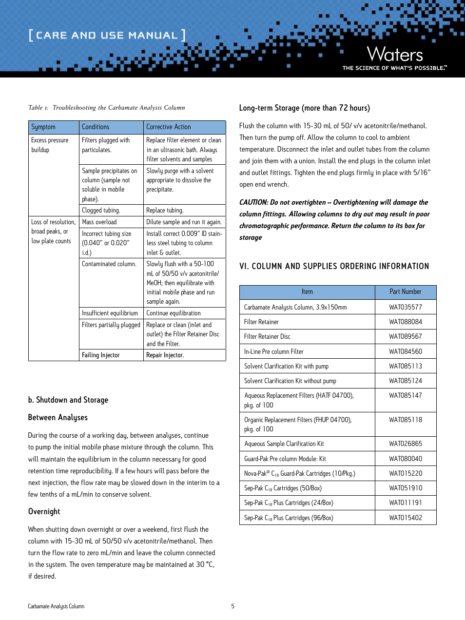 Care and use manual | Waters Carbamate Analysis Column User Manual | Page 5 / 6