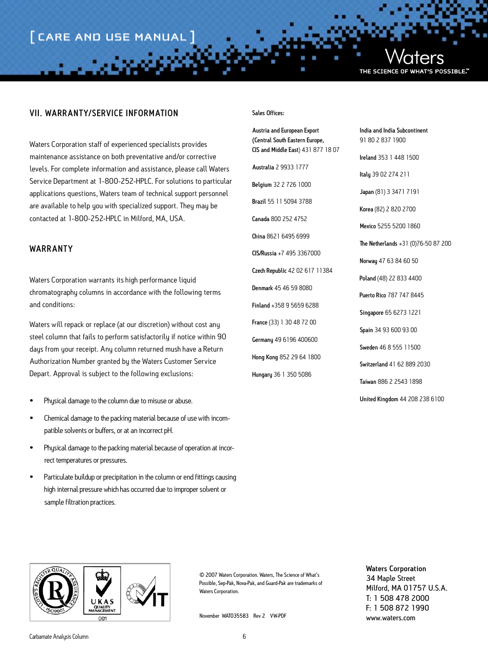 Care and use manual, Vii. warrant y/service information, Warrant y | Waters Carbamate Analysis Column User Manual | Page 6 / 6