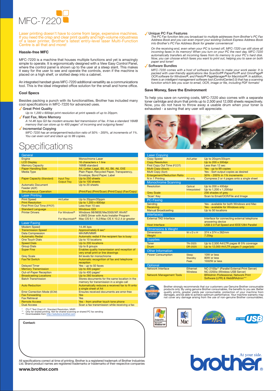 Mfc-7220, Specifications | Brother MFC-7220 User Manual | Page 2 / 2