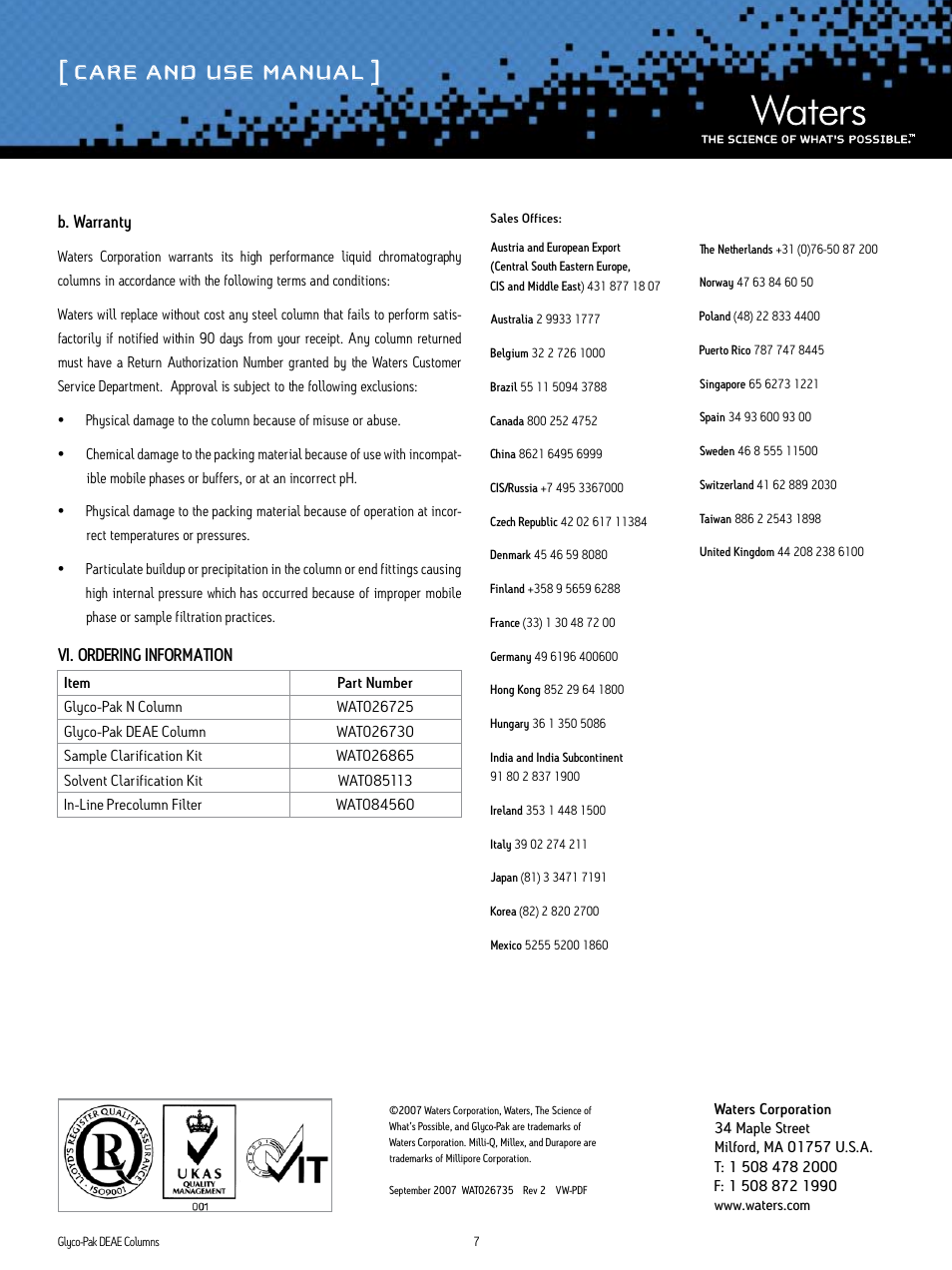 Care and use manual, B. warranty, Vi. ordering information | Waters Glyco-Pak DEAE Columns User Manual | Page 7 / 7