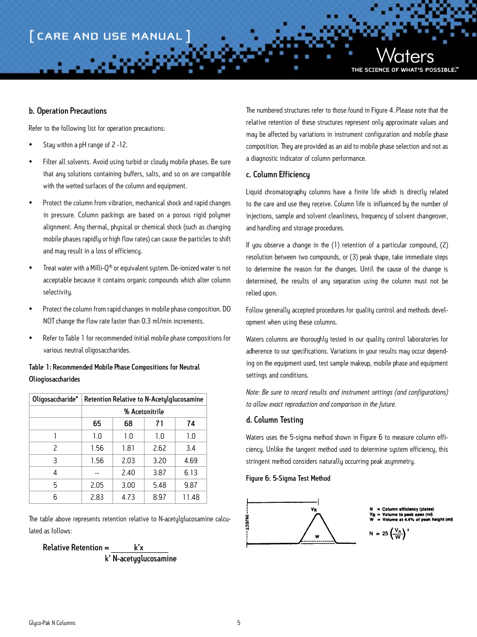 Care and use manual | Waters Glyco-Pak N Columns User Manual | Page 5 / 7