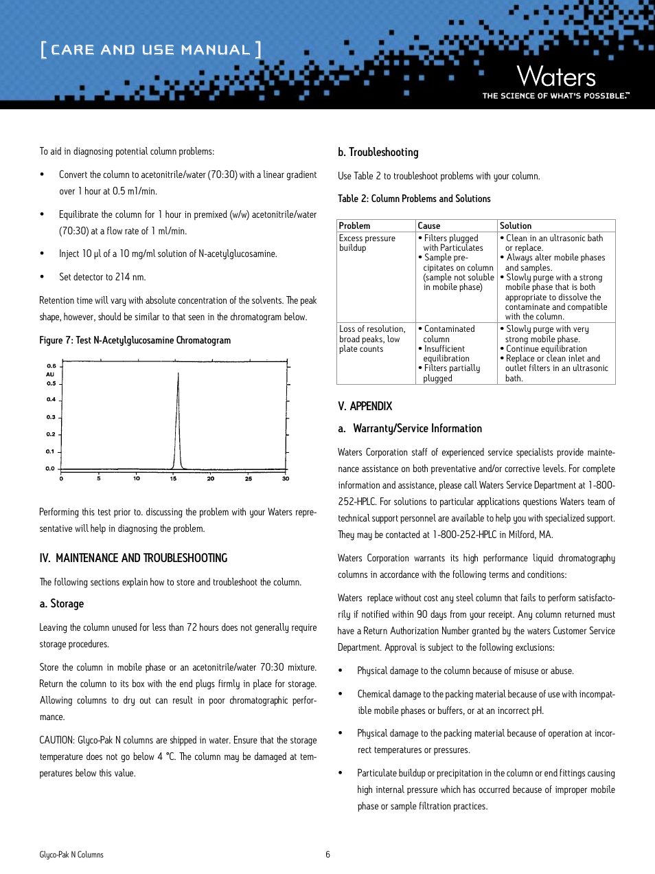 Care and use manual | Waters Glyco-Pak N Columns User Manual | Page 6 / 7