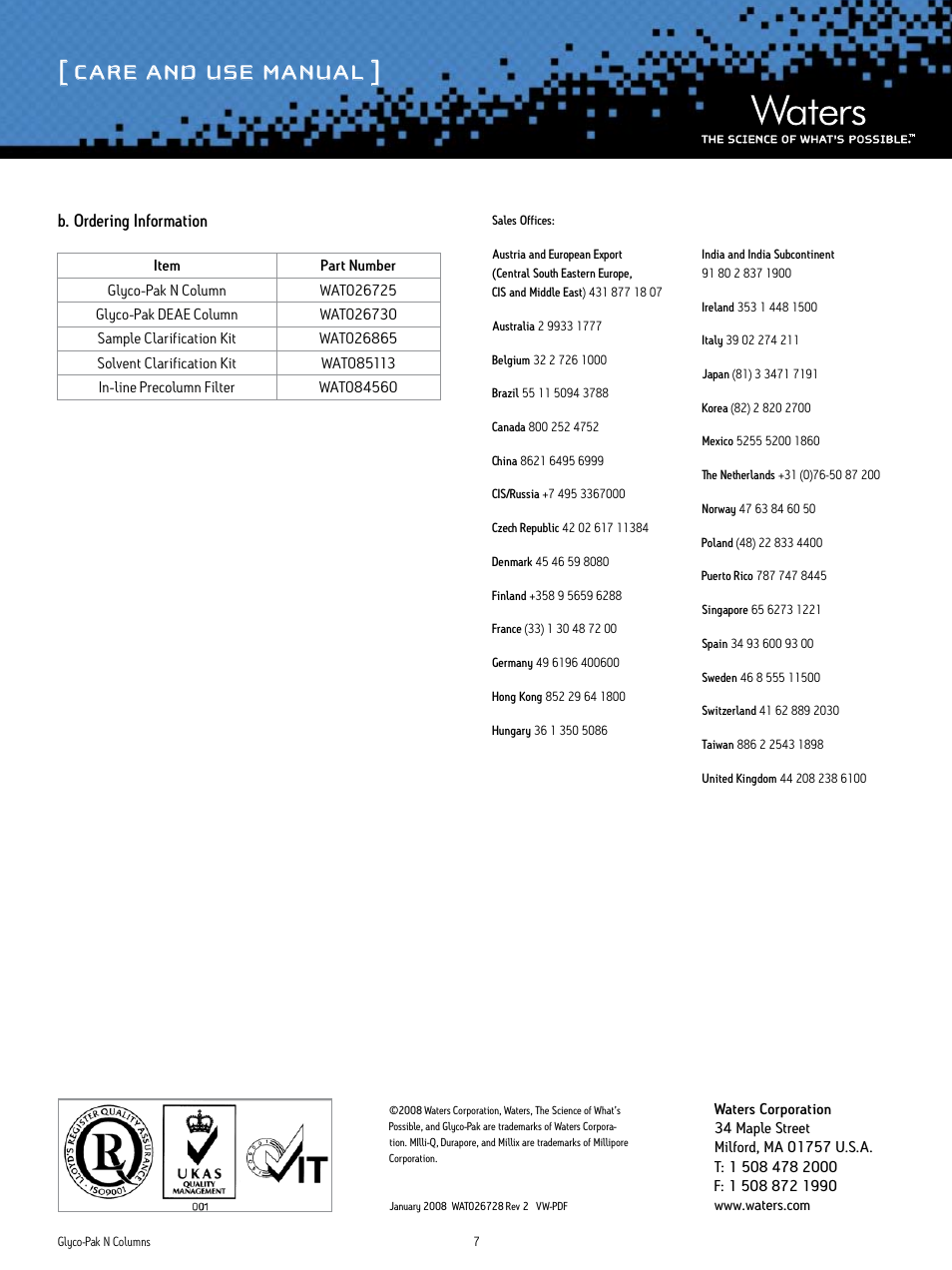 Care and use manual, B. ordering information | Waters Glyco-Pak N Columns User Manual | Page 7 / 7