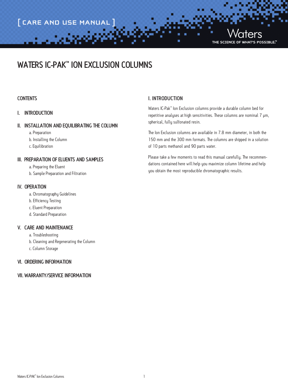 Waters IC-Pak Ion Exclusion Columns User Manual | 7 pages