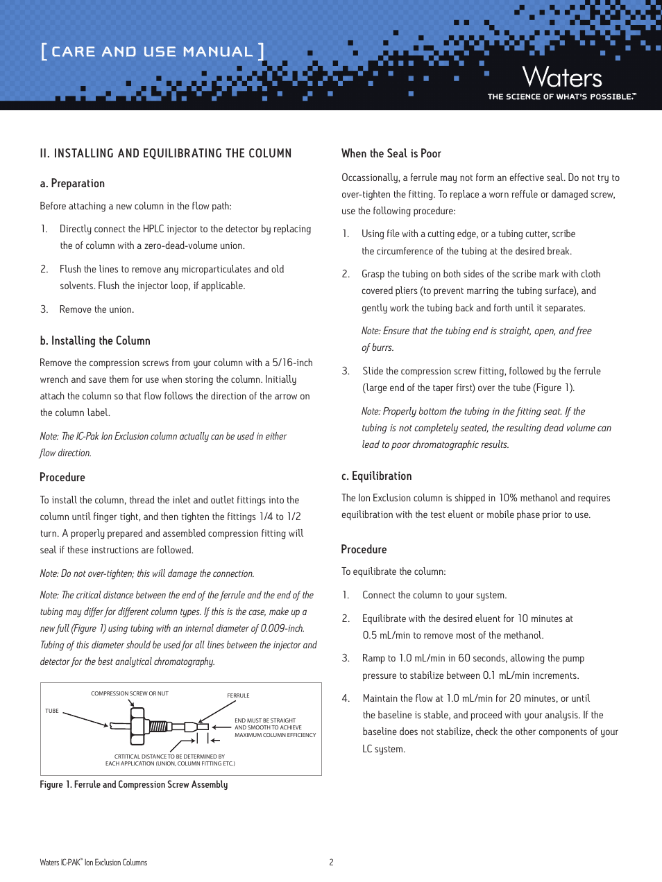 Care and use manual | Waters IC-Pak Ion Exclusion Columns User Manual | Page 2 / 7