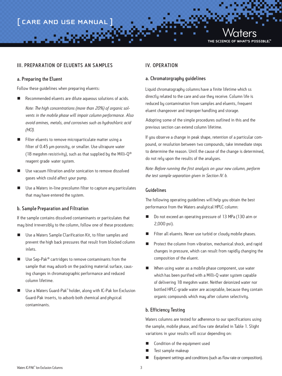 Care and use manual | Waters IC-Pak Ion Exclusion Columns User Manual | Page 3 / 7