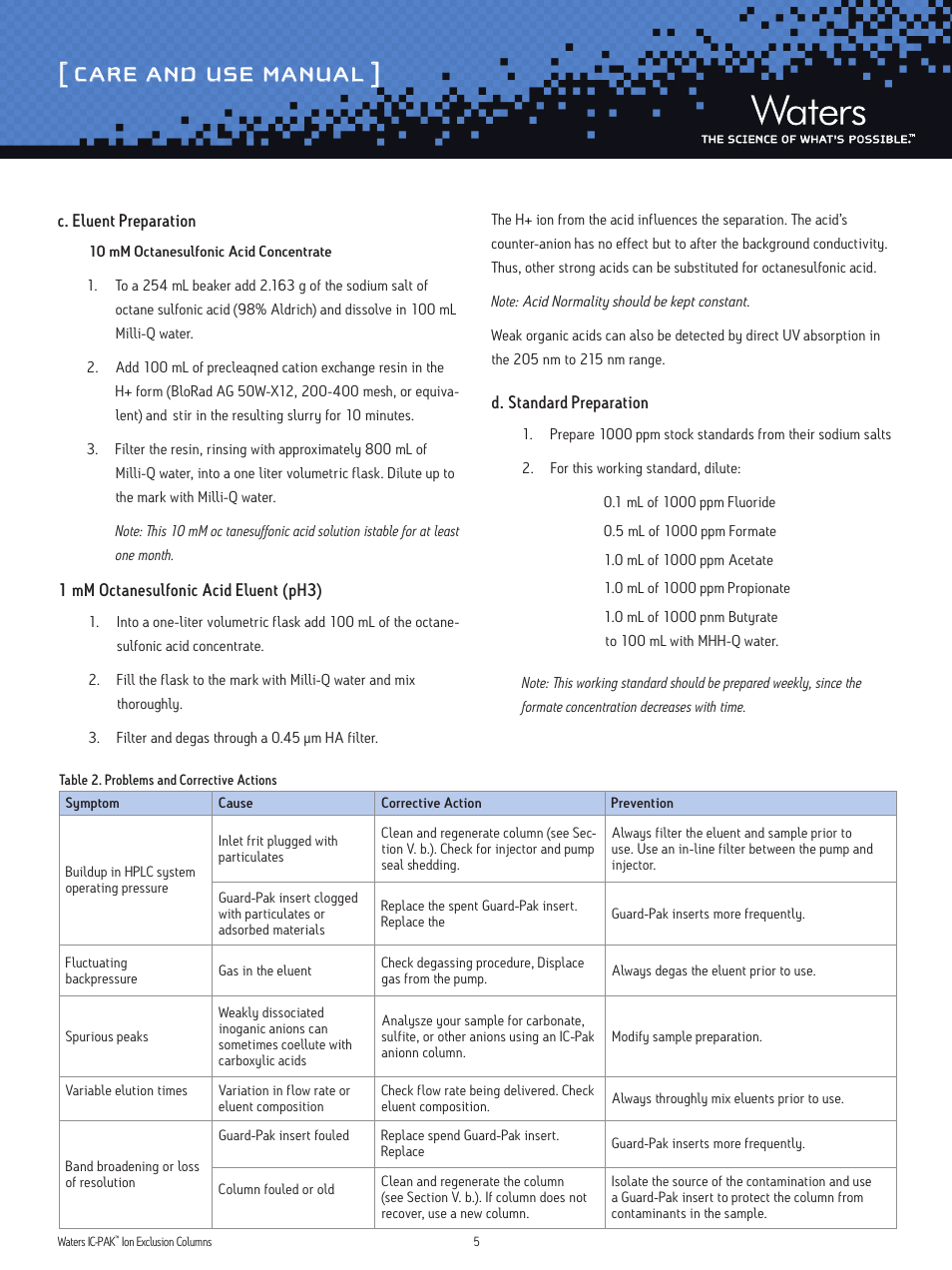 Care and use manual | Waters IC-Pak Ion Exclusion Columns User Manual | Page 5 / 7