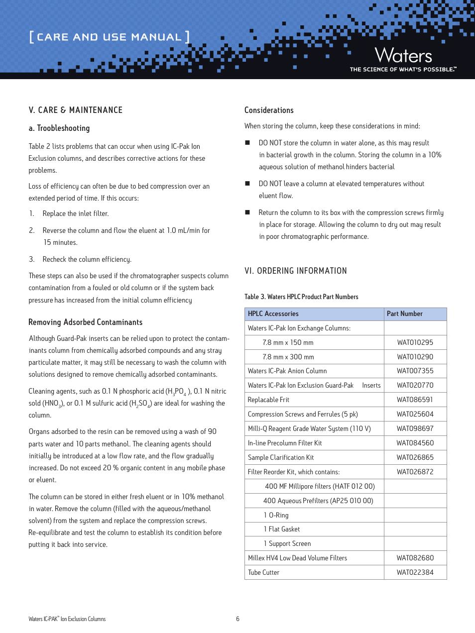 Care and use manual | Waters IC-Pak Ion Exclusion Columns User Manual | Page 6 / 7
