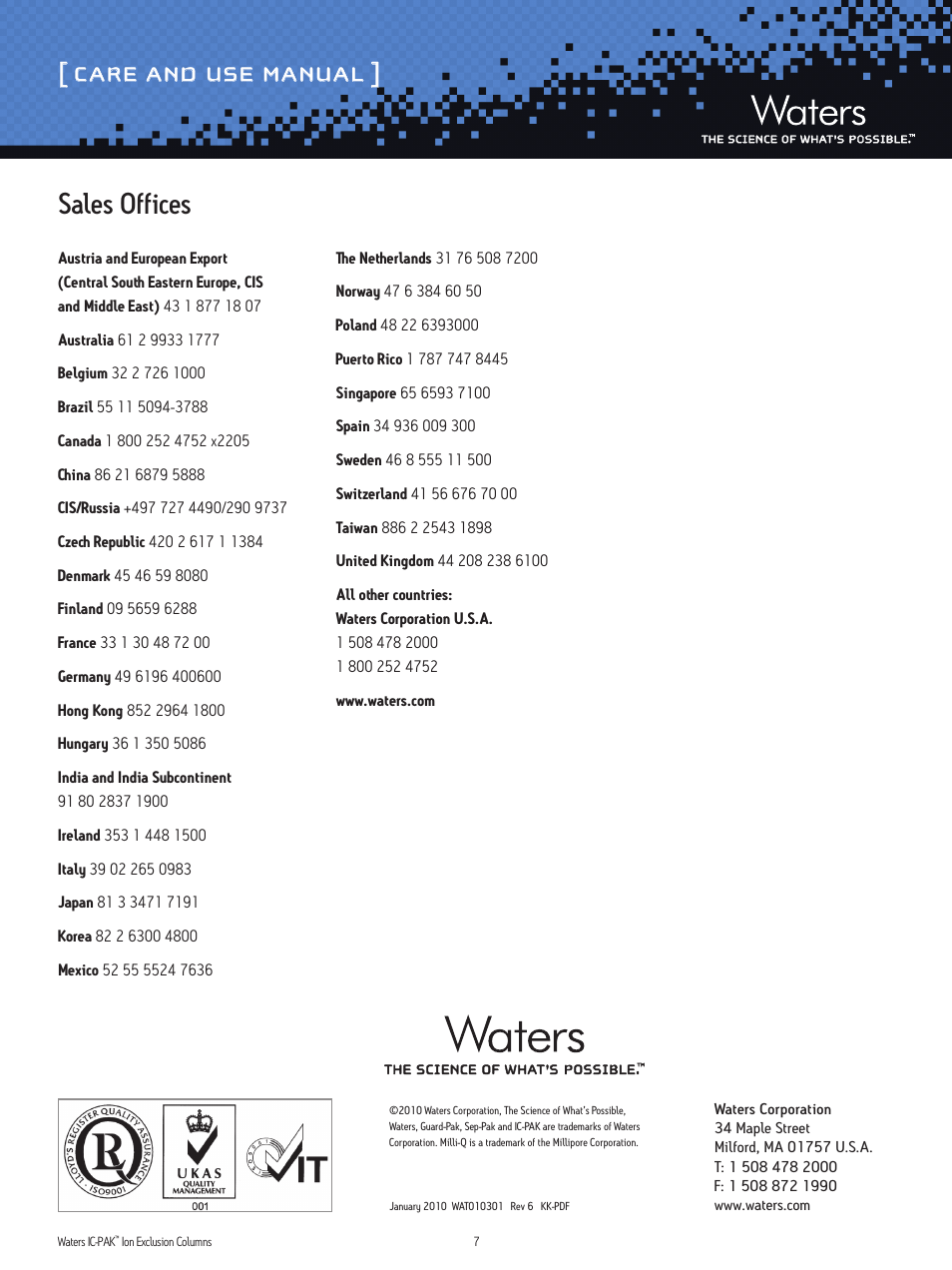 Care and use manual, Sales offices | Waters IC-Pak Ion Exclusion Columns User Manual | Page 7 / 7