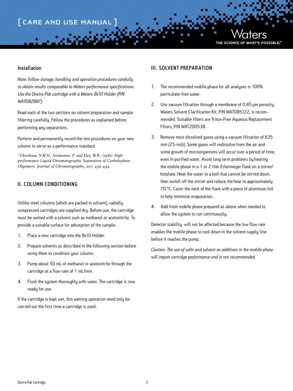 Care and use manual | Waters Dextro-Pak Cartridge User Manual | Page 3 / 8