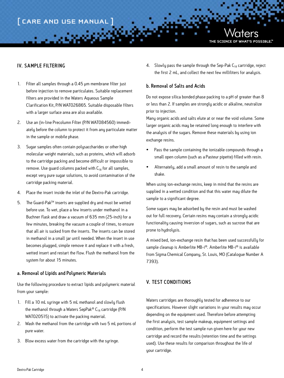 Care and use manual | Waters Dextro-Pak Cartridge User Manual | Page 4 / 8