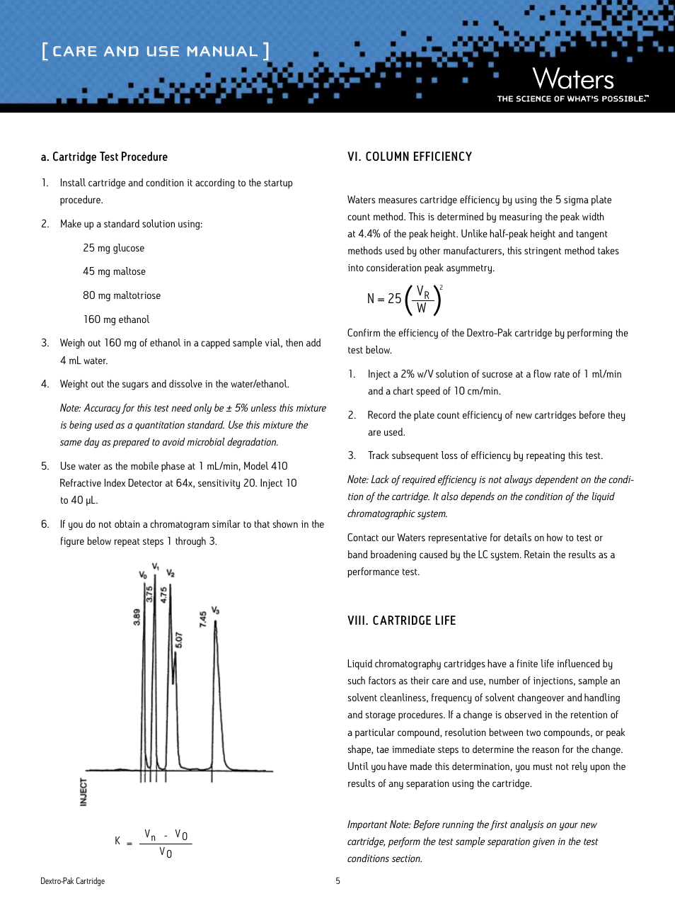 Care and use manual | Waters Dextro-Pak Cartridge User Manual | Page 5 / 8