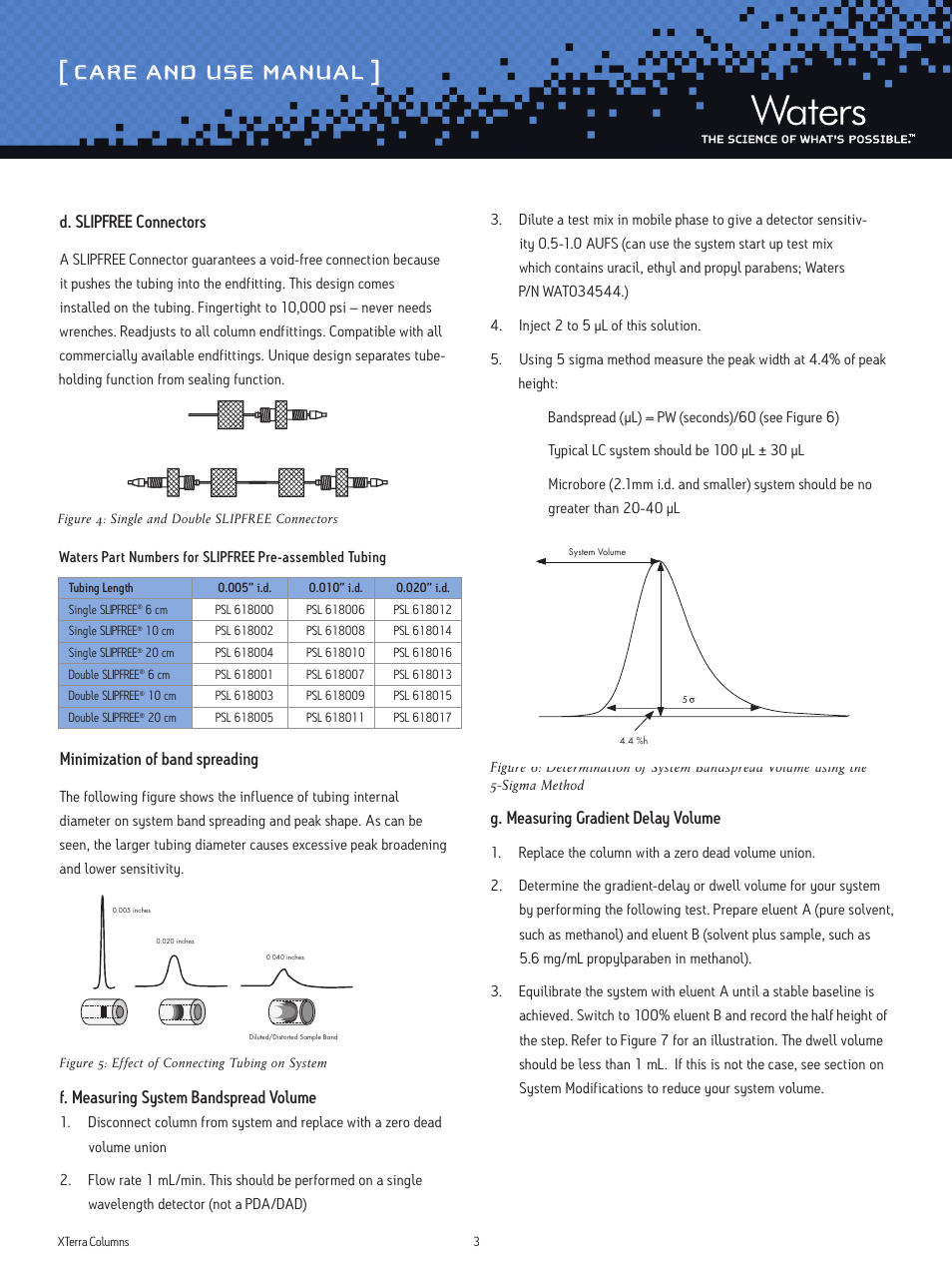 Care and use manual, D. slipfree connectors, Minimization of band spreading | F. measuring system bandspread volume, G. measuring gradient delay volume | Waters XTerra and XTerra Prep Columns User Manual | Page 3 / 8