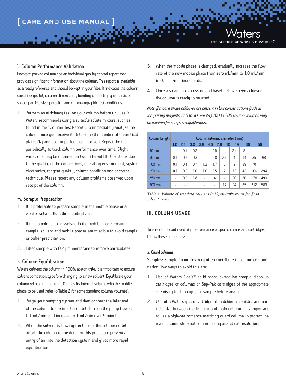 Care and use manual, L. column performance validation, M. sample preparation | N. column equilibration, Iii. column usage | Waters XTerra and XTerra Prep Columns User Manual | Page 5 / 8