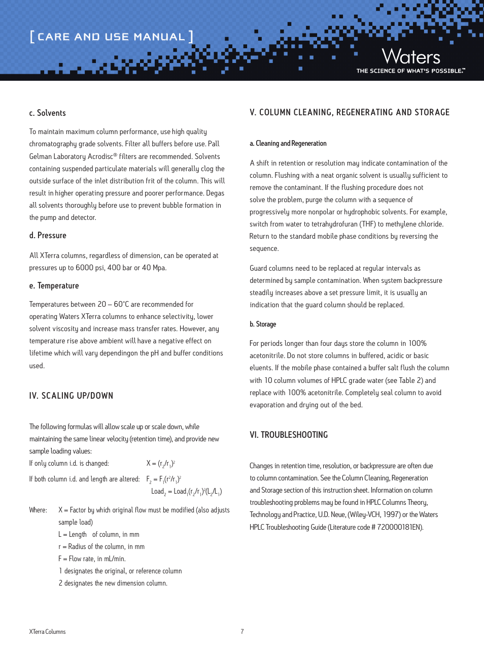 Care and use manual, C. solvents, D. pressure | E. temperature, Iv. scaling up/down, V. column cleaning, regenerating and storage, Vi. troubleshooting | Waters XTerra and XTerra Prep Columns User Manual | Page 7 / 8