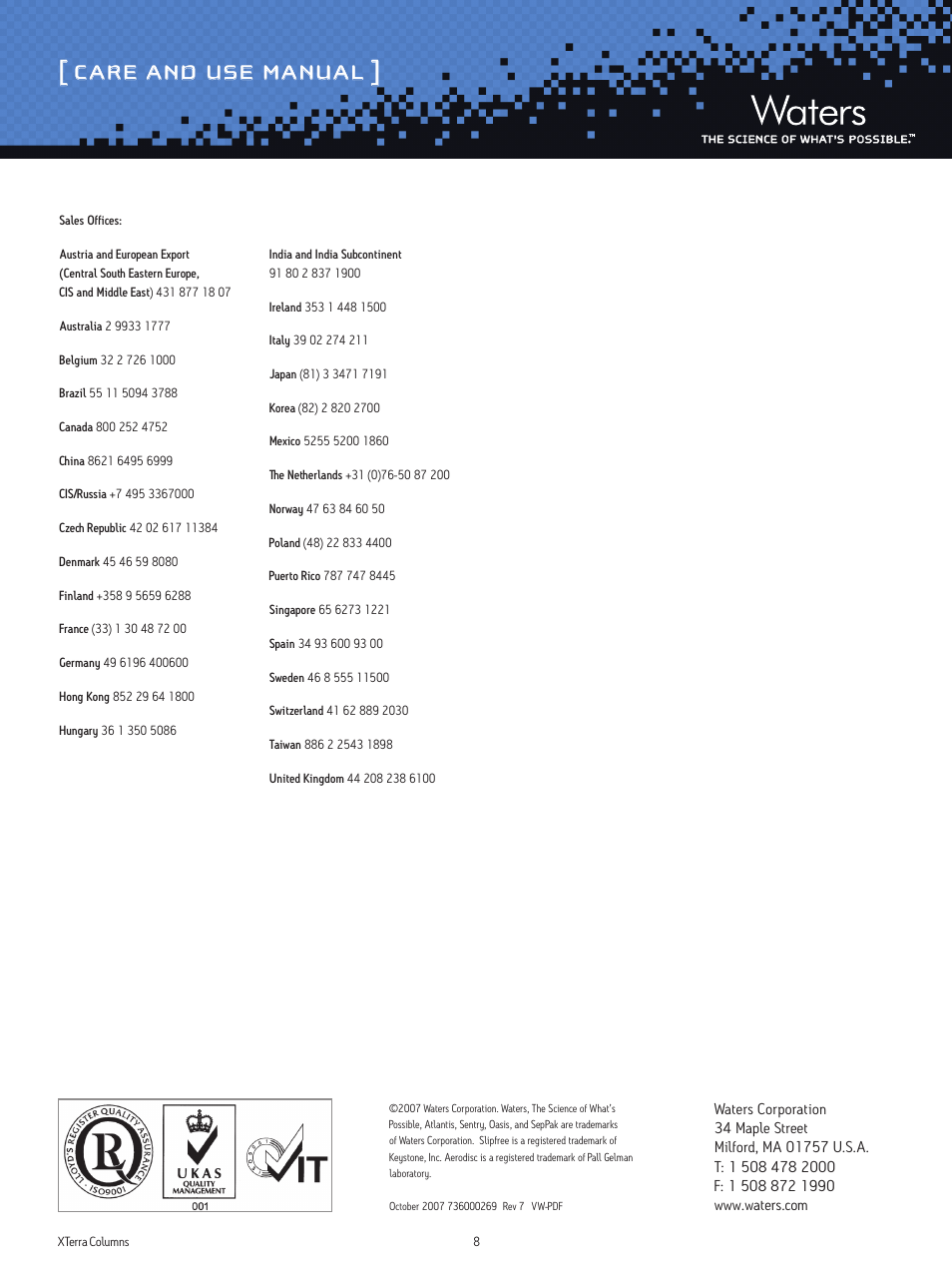 Care and use manual | Waters XTerra and XTerra Prep Columns User Manual | Page 8 / 8