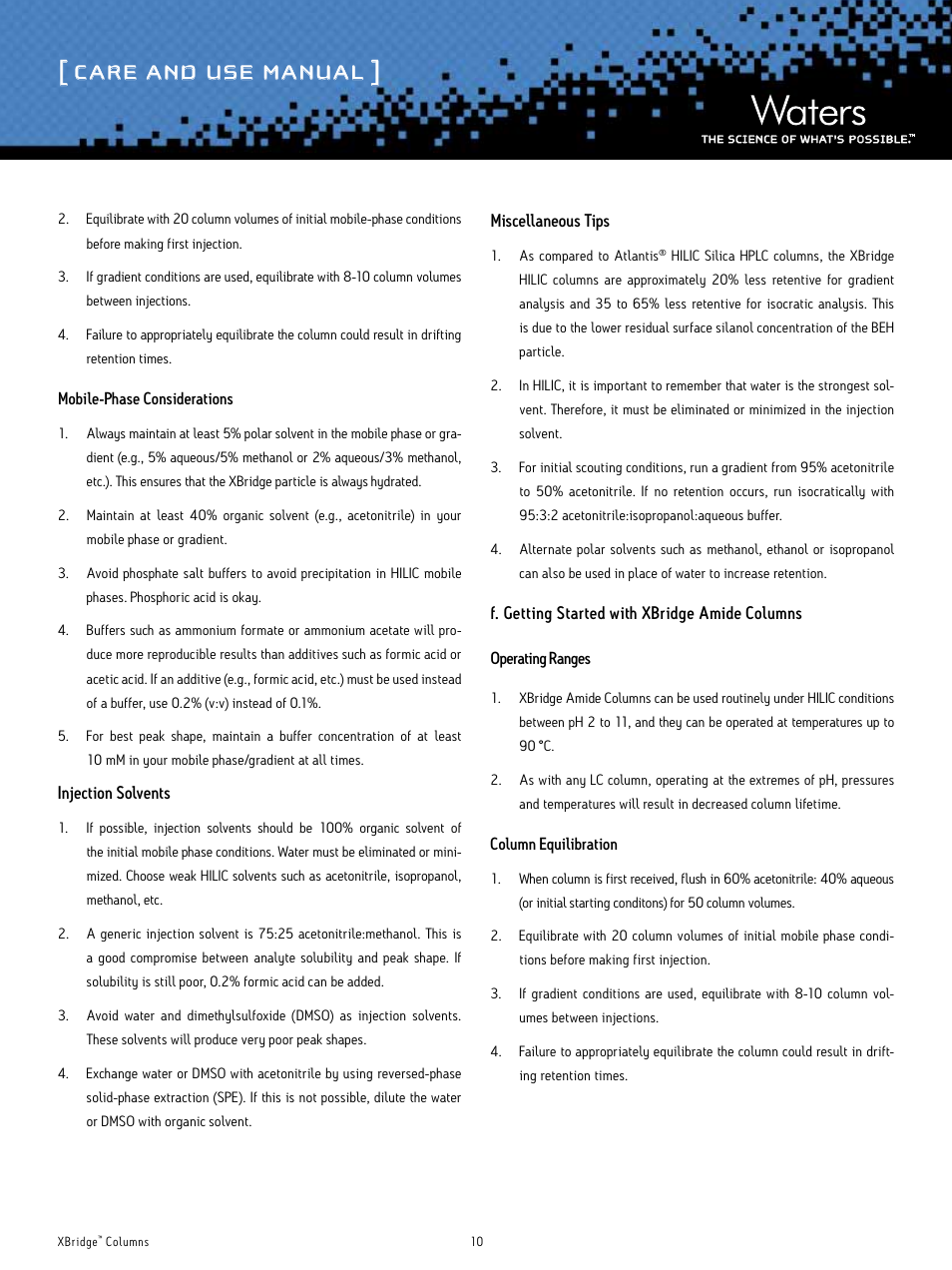 Care and use manual | Waters XBridge Columns User Manual | Page 10 / 12
