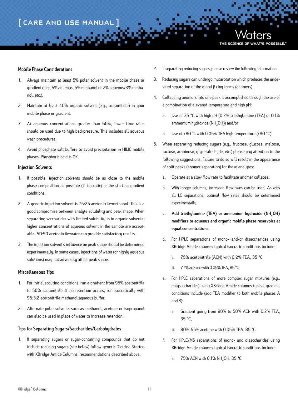 Care and use manual | Waters XBridge Columns User Manual | Page 11 / 12