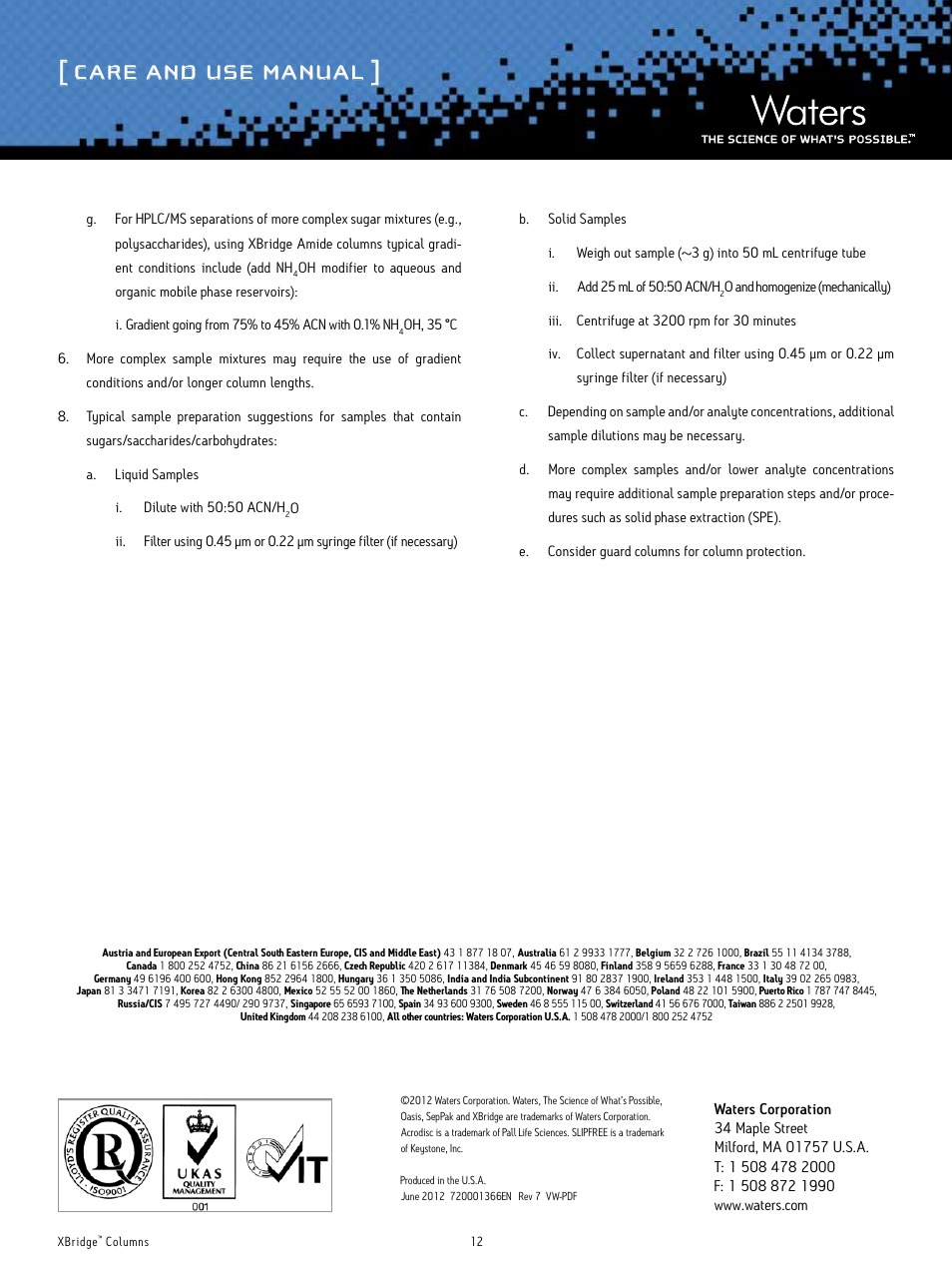 Care and use manual | Waters XBridge Columns User Manual | Page 12 / 12