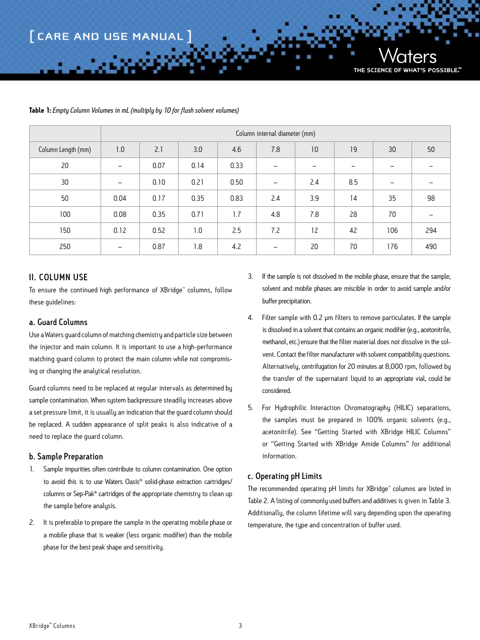Care and use manual | Waters XBridge Columns User Manual | Page 3 / 12