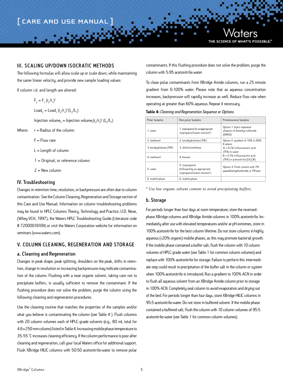 Care and use manual, Iii. scaling up/down isocratic methods, Iv. troubleshooting | B. storage | Waters XBridge Columns User Manual | Page 5 / 12