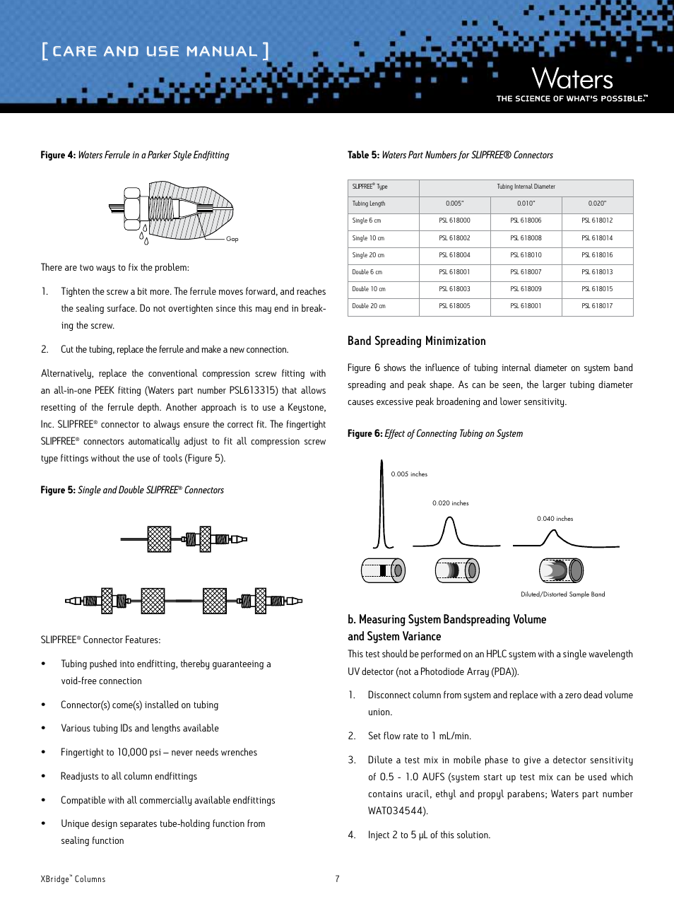 Care and use manual, Band spreading minimization | Waters XBridge Columns User Manual | Page 7 / 12