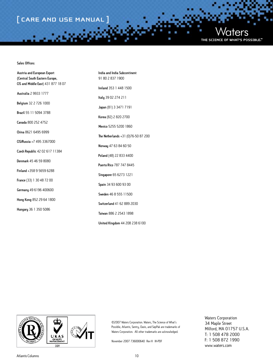 Care and use manual | Waters Atlantis T3, DC18 and HILIC Silica Columns User Manual | Page 10 / 10