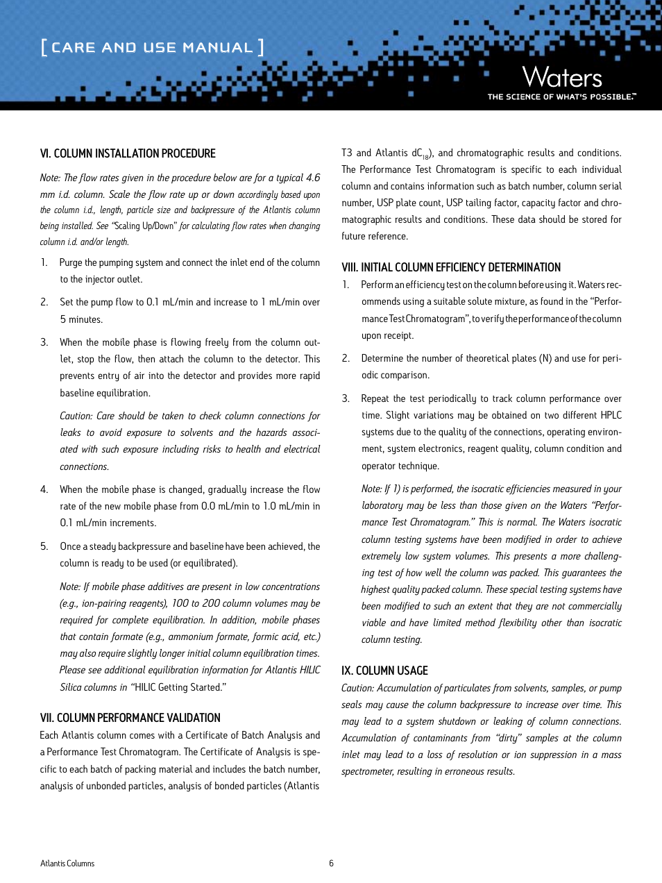 Care and use manual | Waters Atlantis T3, DC18 and HILIC Silica Columns User Manual | Page 6 / 10