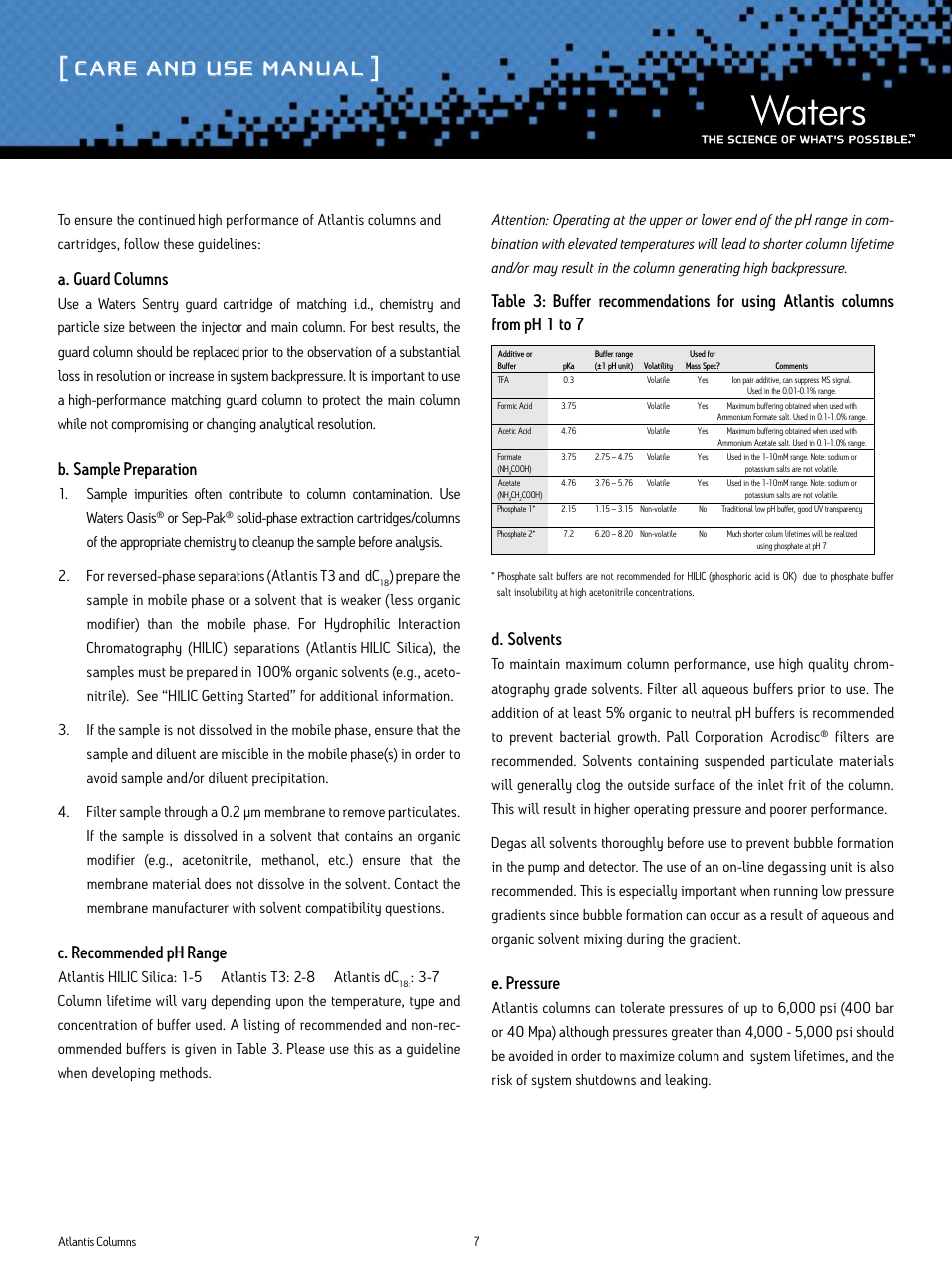 Care and use manual, A. guard columns, B. sample preparation | C. recommended ph range, D. solvents, E. pressure, Or sep-pak | Waters Atlantis T3, DC18 and HILIC Silica Columns User Manual | Page 7 / 10