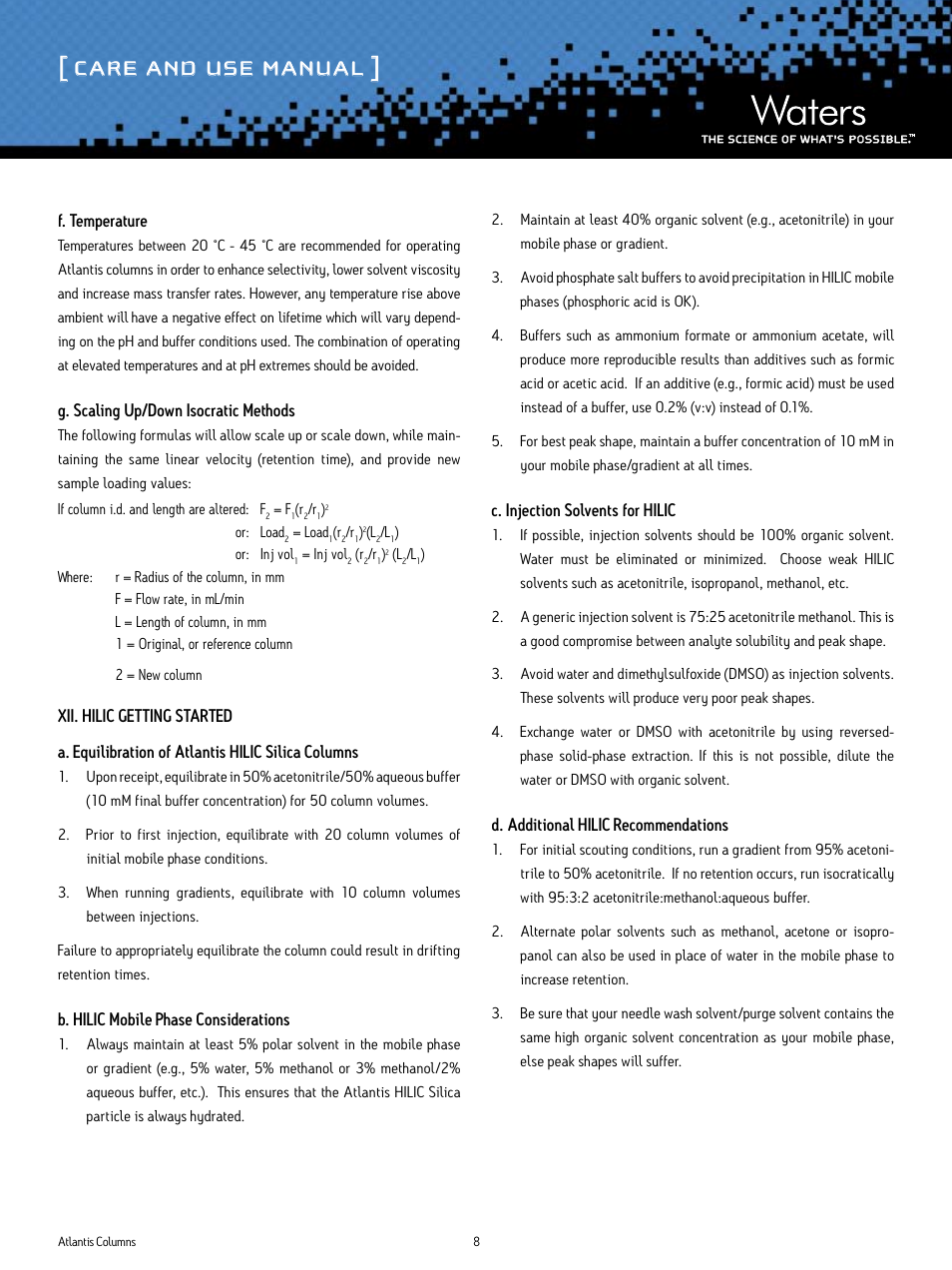 Care and use manual | Waters Atlantis T3, DC18 and HILIC Silica Columns User Manual | Page 8 / 10