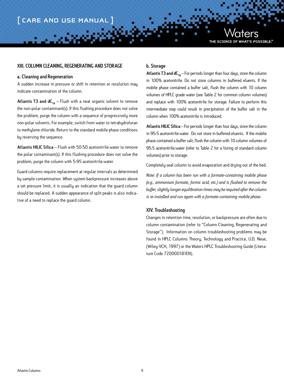Care and use manual | Waters Atlantis T3, DC18 and HILIC Silica Columns User Manual | Page 9 / 10