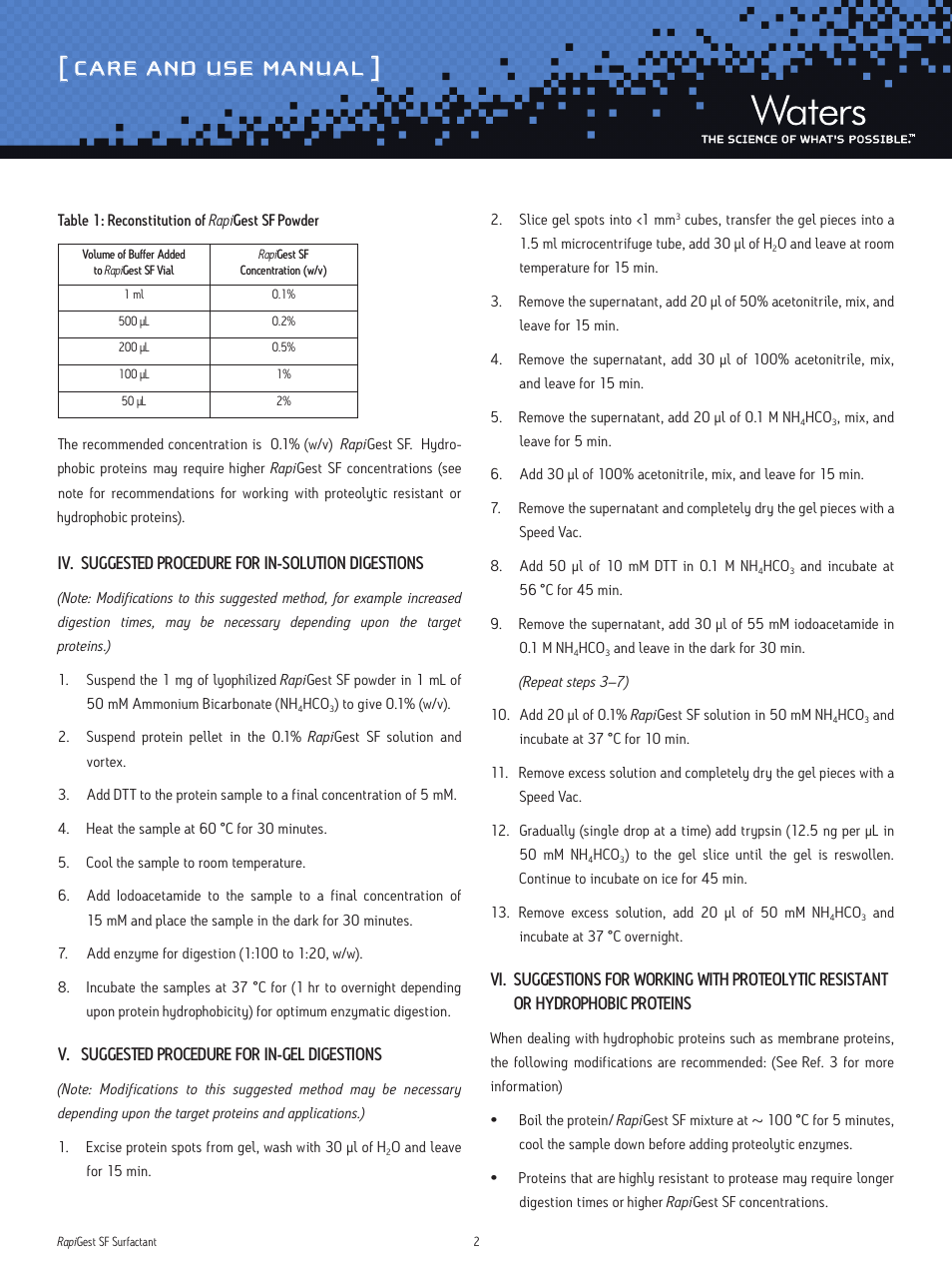 Care and use manual | Waters RapiGest SF Surfactant User Manual | Page 2 / 4