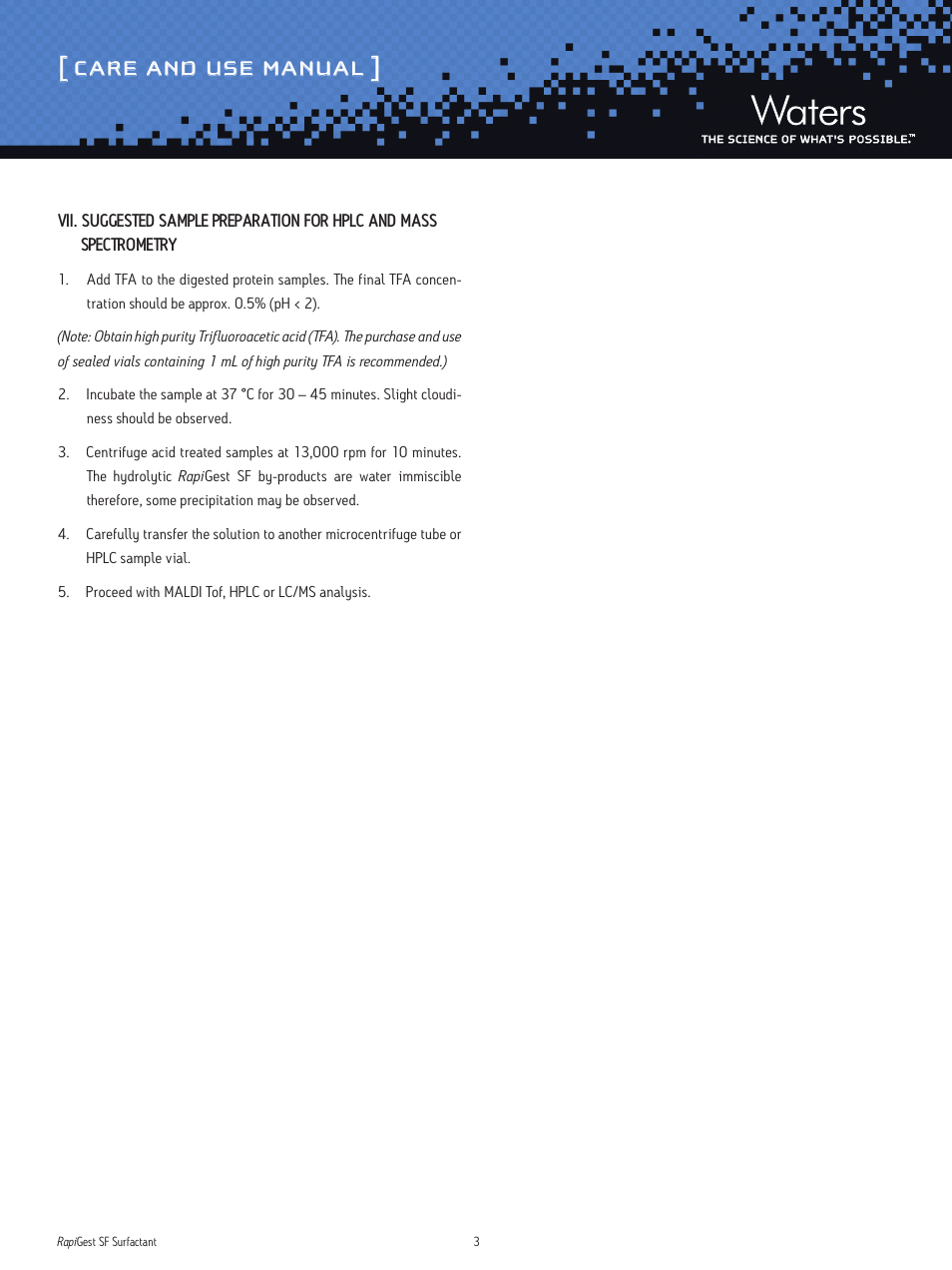 Care and use manual | Waters RapiGest SF Surfactant User Manual | Page 3 / 4