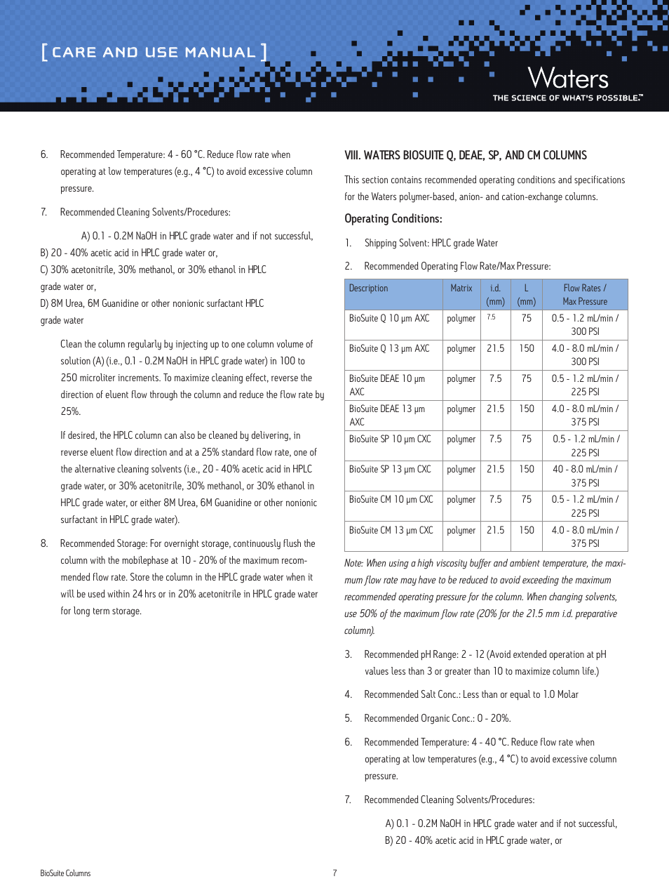 Care and use manual | Waters BioSuite Columns User Manual | Page 7 / 8