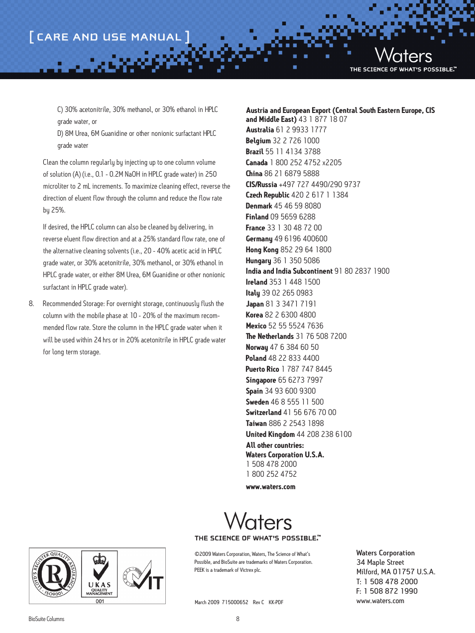 Care and use manual | Waters BioSuite Columns User Manual | Page 8 / 8