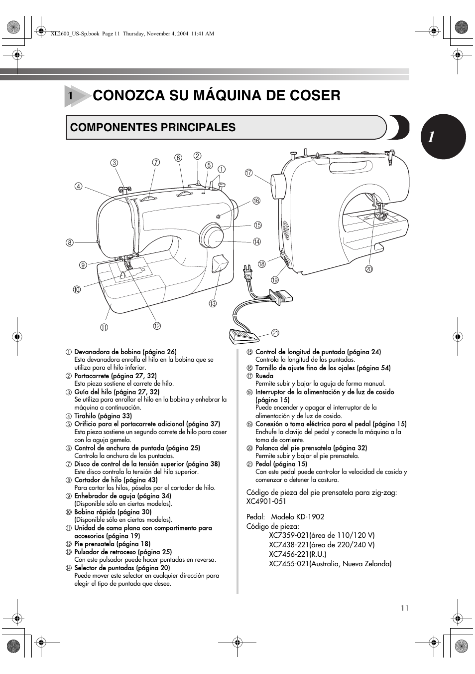Conozca su máquina de coser, Componentes principales | Brother BM-3500 User Manual | Page 12 / 81