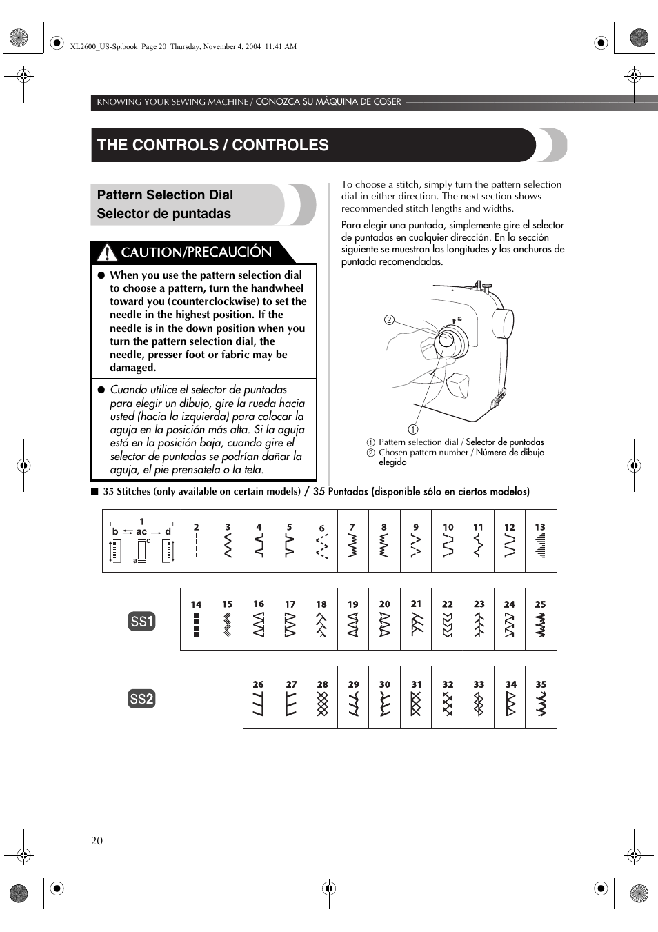 The controls / controles, Pattern selection dial selector de puntadas, Caution/ precaución | Brother BM-3500 User Manual | Page 21 / 81
