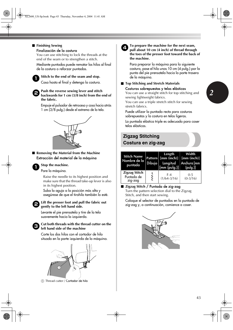 Zigzag stitching costura en zig-zag | Brother BM-3500 User Manual | Page 44 / 81