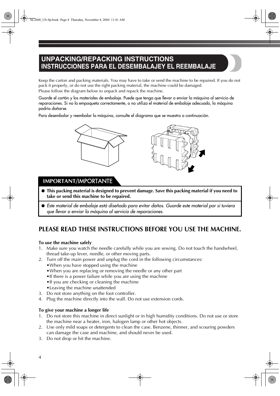 Important/ importante | Brother BM-3500 User Manual | Page 5 / 81