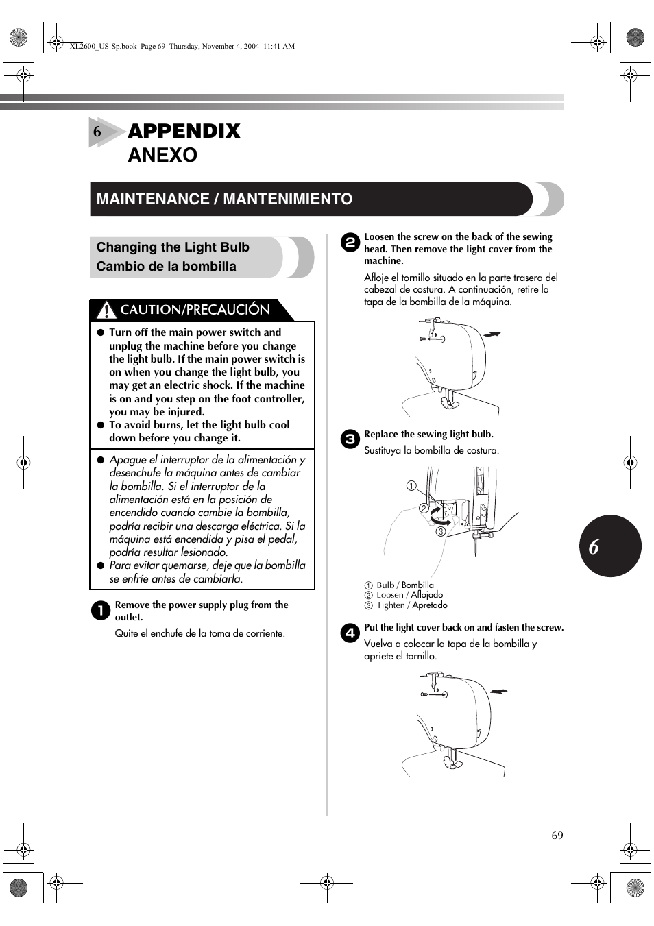 Appendix anexo, Maintenance / mantenimiento | Brother BM-3500 User Manual | Page 70 / 81