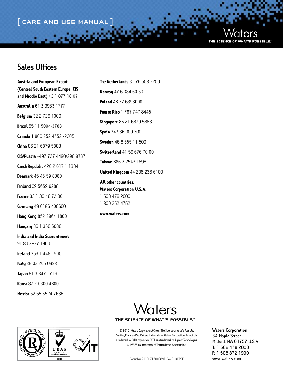 Care and use manual, Sales offices | Waters SunFire Columns User Manual | Page 10 / 10