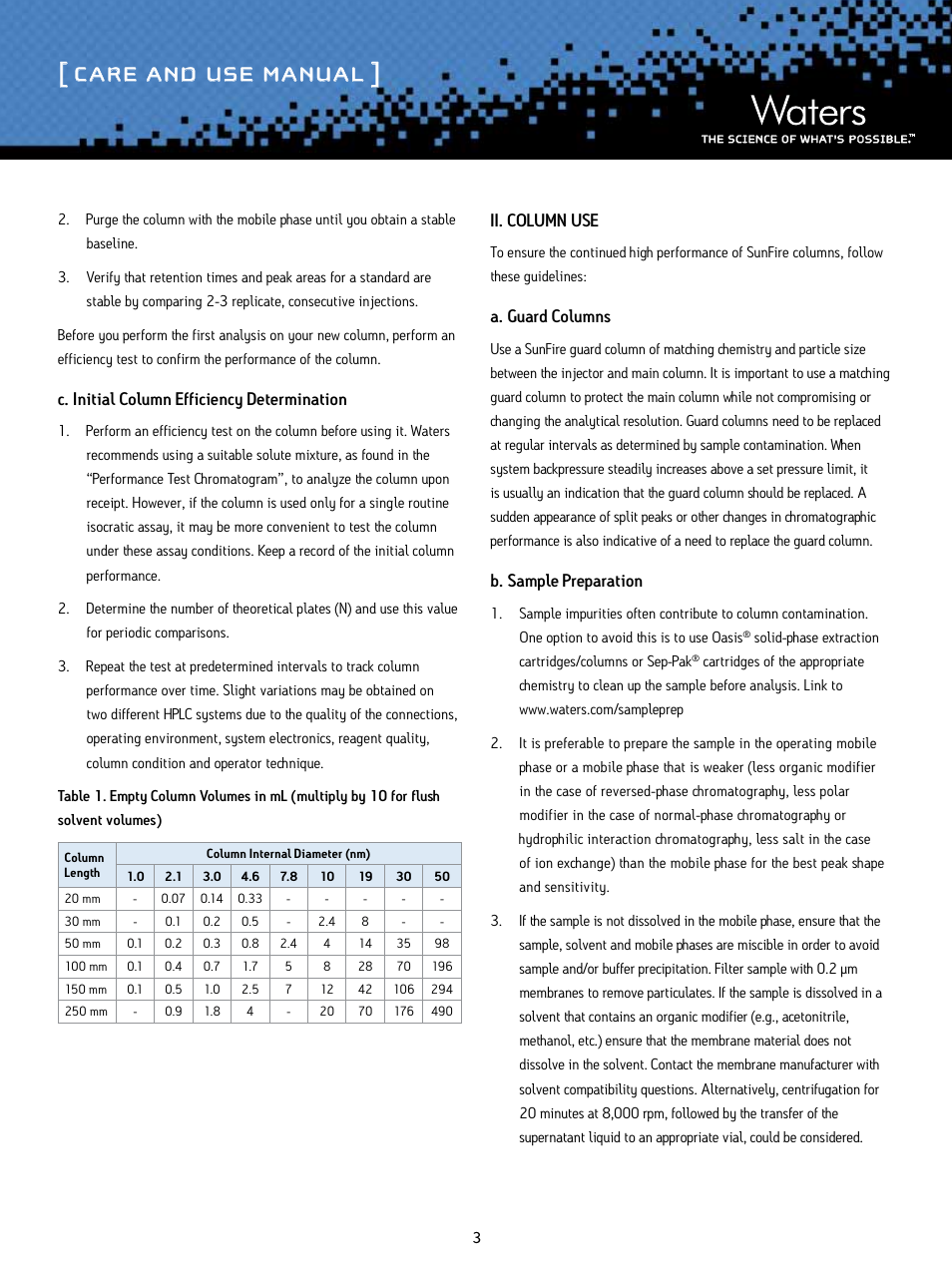 Care and use manual, C. initial column efficiency determination, Ii. column use | A. guard columns, B. sample preparation | Waters SunFire Columns User Manual | Page 3 / 10