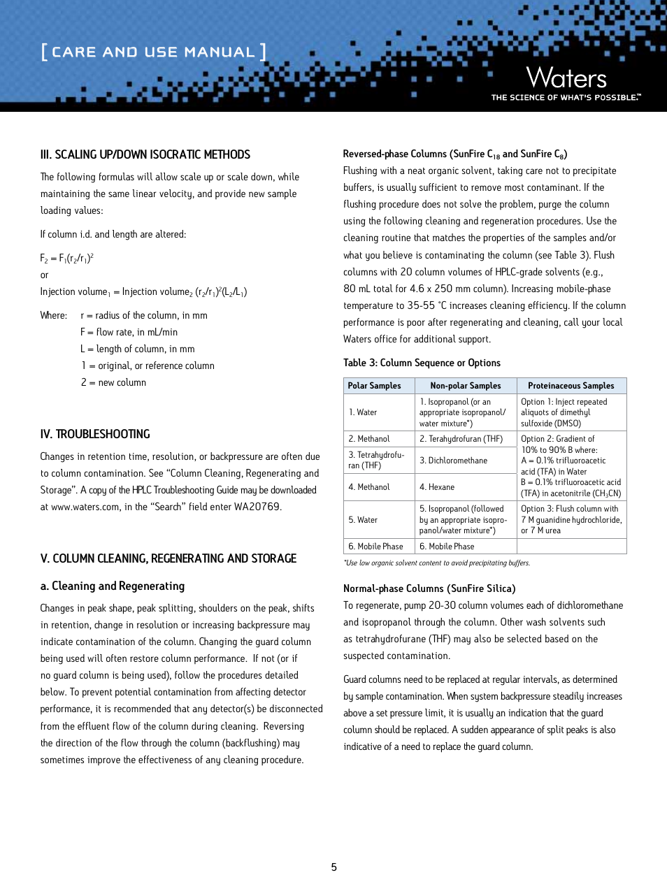 Care and use manual, Iii. scaling up/down isocratic methods, Iv. troubleshooting | Waters SunFire Columns User Manual | Page 5 / 10