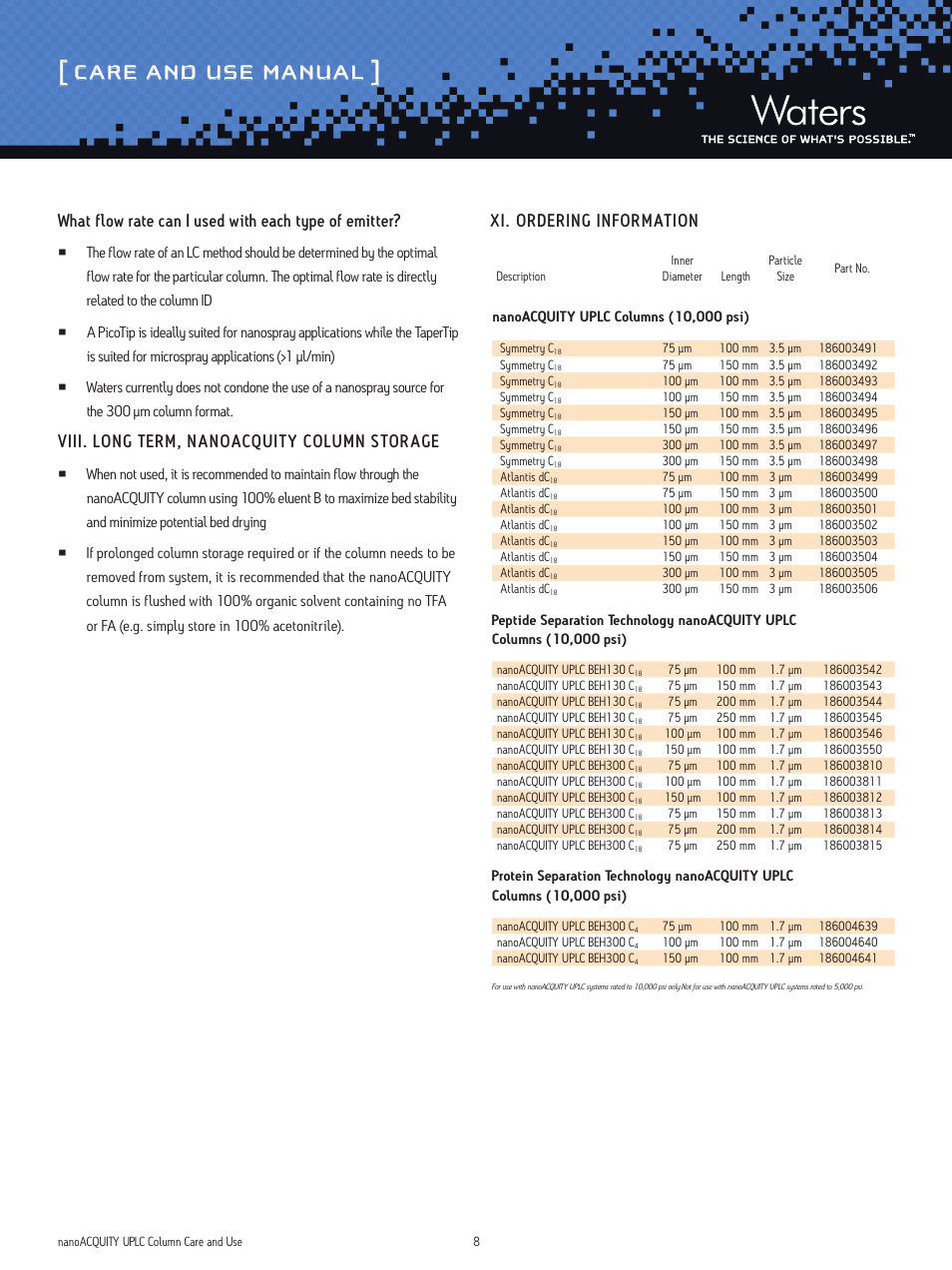 Care and use manual, Viii. long term, nanoacquit y column storage, Xi. ordering information | Waters nanoACQUITY UPLC Columns User Manual | Page 8 / 9