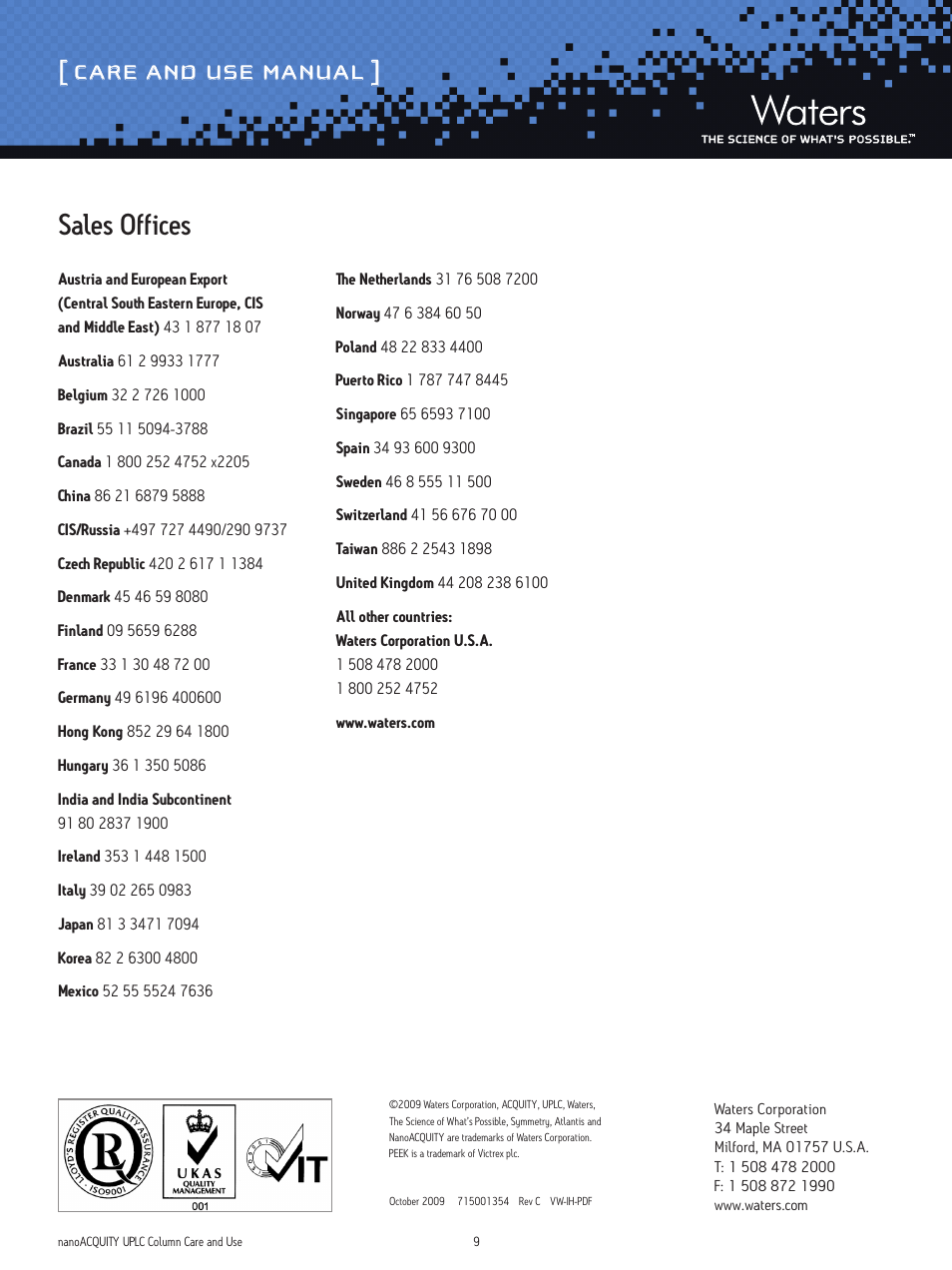 Care and use manual, Sales offices | Waters nanoACQUITY UPLC Columns User Manual | Page 9 / 9